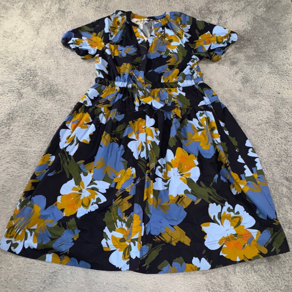 Free Assembly Floral Cotton Midi Dress Size L 12-14 Puff Sleeve Black Blue Boho